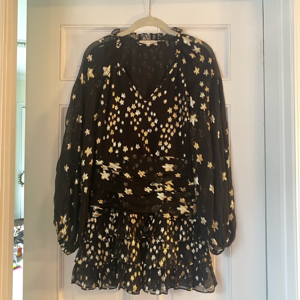 LoveShackFancy Rina Dress Black Silk Stars